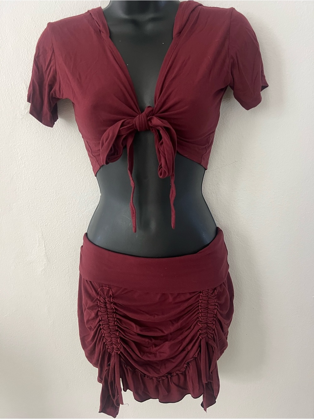 Women's Burgundy Ruched Tie-Front Mini Skirt Set